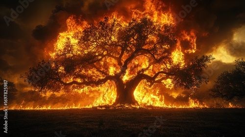 Fototapeta Naklejka Na Ścianę i Meble -  Burning oak tree in wildfire