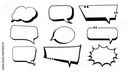 Black Comic Speech Bubble and Explosion Vector Set – Silhouettes and Starburst Shapes for Pop Art, Graphic Design, and Digital Illustration