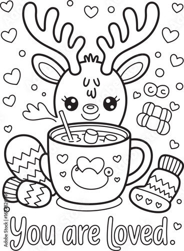 Outline reindeer peers over heart decorated cocoa mug with mittens on white transparent background
