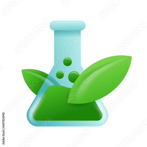 Eco-Friendly Laboratory Flask Featuring Green Leaves - 3D icon