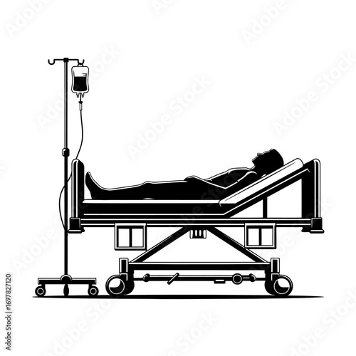 Vector art of silhouette of a patient lying in a hospital bed with an iv drip