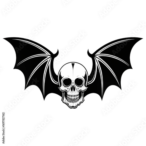“Minimalist Halloween bat vector illustration,A human skull in place of a bat's head, flying bat silhouette with spread wings, spooky and bold design, sharp edges, black solid shape, no background, hi
