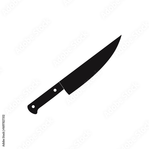 Illustration of a sharp black kitchen knife on transparent background silhouette