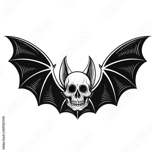 “Minimalist Halloween bat vector illustration,A human skull in place of a bat's head, flying bat silhouette with spread wings, spooky and bold design, sharp edges, black solid shape, no background, hi