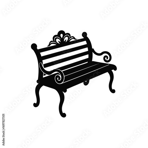 Silhouette of an ornate park bench design on transparent background
