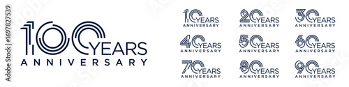 collection anniversary 10 to 100 year logo designs. abstract number for celebration event, wedding, greeting card, and invitation, vector illustration