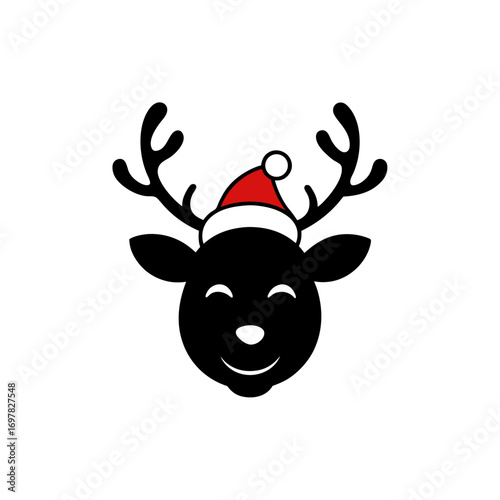 Cartoon reindeer wearing a santa hat icon on transparent background silhouette