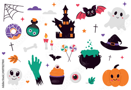 Halloween graphic. Cute pumpkin ghost cartoon elements of scary Halloween, stickers for holiday decoration. Vector collection