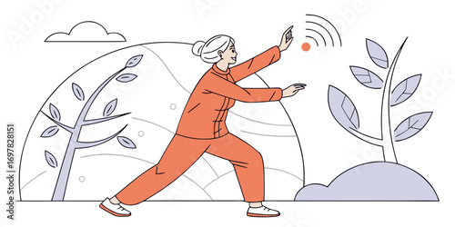 Person practicing tai chi with a small ball and smartphone in a nature setting