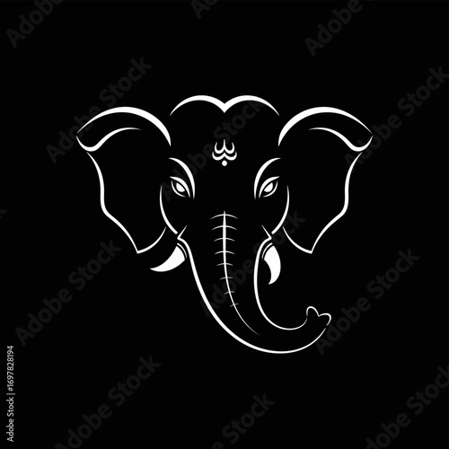 Stylized white outline drawing of an elephant head, representing the Hindu deity Ganesha, on a black background.