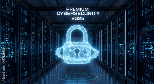 Futuristic digital padlock glowing in server room, representing cutting-edge cybersecurity and data protection for 2025 and beyond