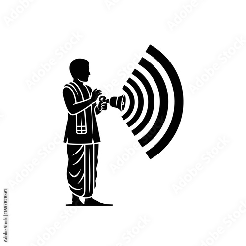 Silhouette of a man in traditional attire holding a megaphone, broadcasting sound waves.