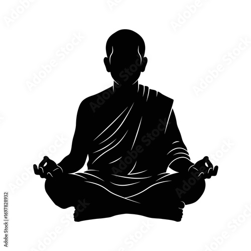 Silhouette of a monk in meditation pose, sitting cross-legged with hands in a mudra gesture, against a white background.