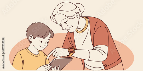A grandmother and grandson share a moment using a digital device together