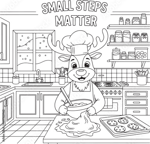 Smiling moose chef prepares cookies in messy kitchen with visible snow falling outside for coloring books