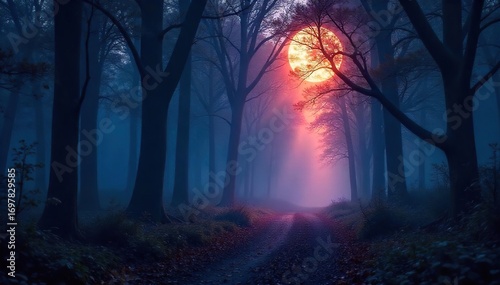 Ethereal glow emanating from a dark forest at night, mysterious and slightly spooky; perfect for Halloween or fantasy themes , occult, enigma, vibrant