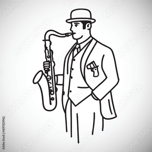 Man in suit and hat playing saxophone line art illustration musician jazz