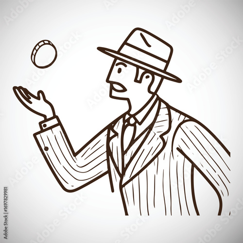 Man in fedora and pinstripe suit tossing coin in hand vector