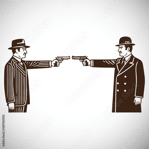 Two men in fedoras and suits pointing handguns at each other vector
