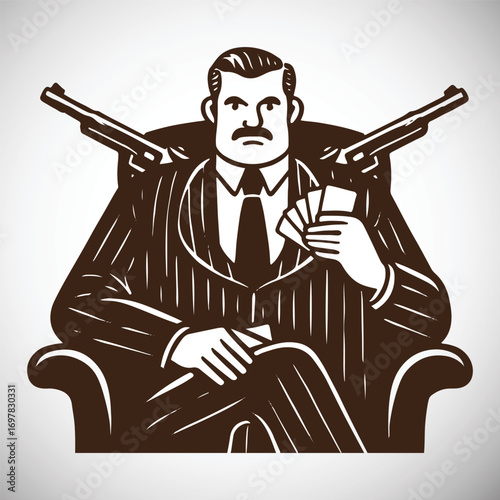Man in pinstripe suit sitting in armchair with guns and cards pistols