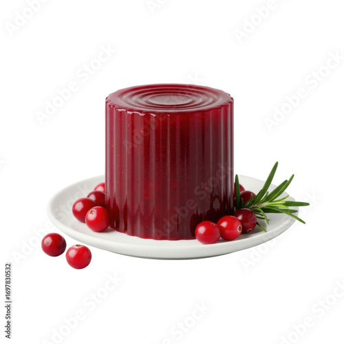 Deep crimson cylindrical cranberry sauce, can rings, on white plate, cranberries, rosemary, shadowless studio. Concept for food advertising