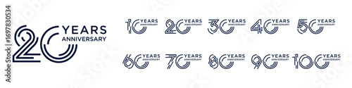 collection anniversary 10 to 100 year logo designs. abstract number for celebration event, wedding, greeting card, and invitation, vector illustration