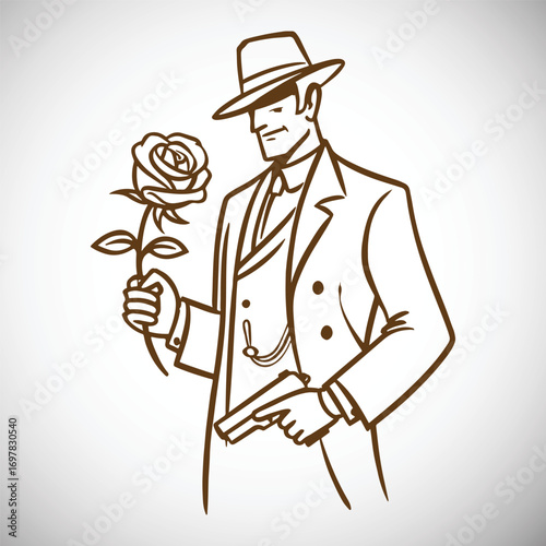 Man in fedora suit holding rose and pistol in outline style male