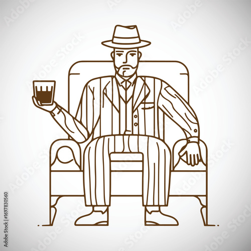 Man in fedora and pinstripe suit sitting in armchair holding glass of whiskey vector