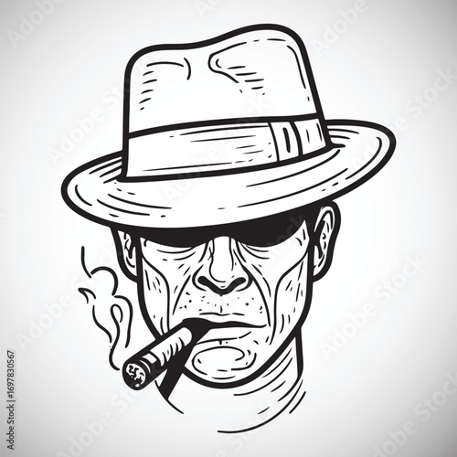 Black and white sketch of a man wearing a fedora hat smoking a cigar vector