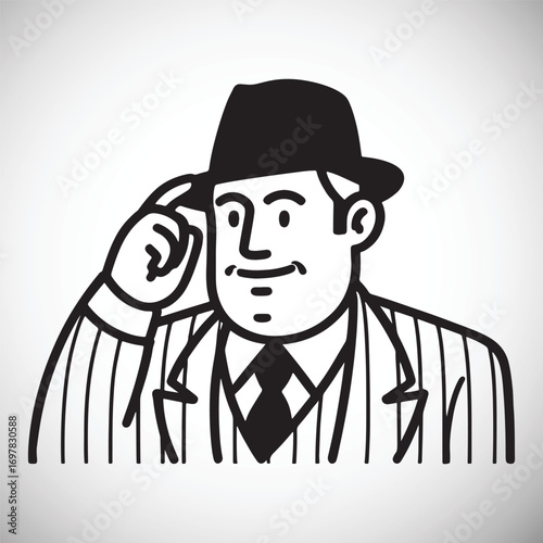 Black and white illustration of a man in a fedora tipping his hat male person