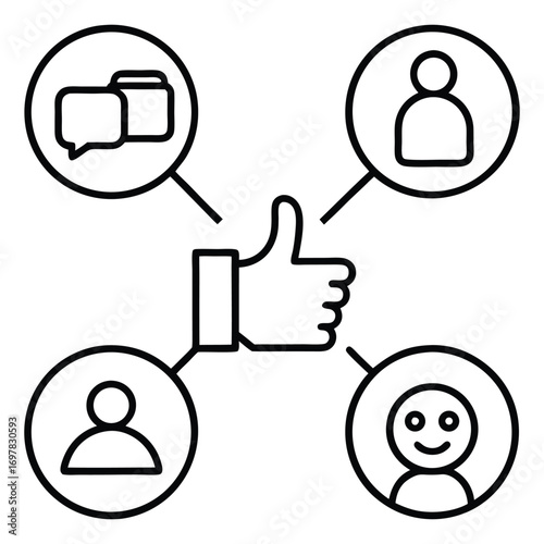 Thumbs up icon with connected people and chat bubbles