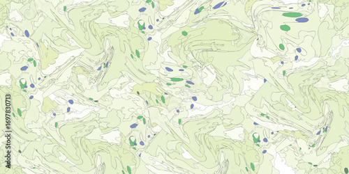 Abstract topographic map featuring swirling lines and colored dots, suggesting a landscape.
