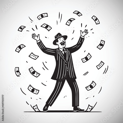 Man in pinstripe suit and hat throwing hands up as money rains down raining cash