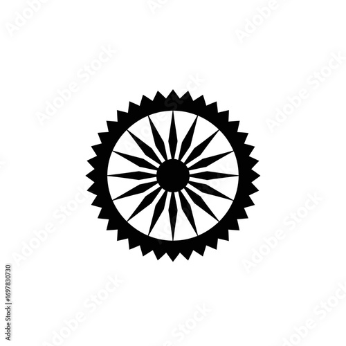 A black silhouette icon of a stylized wheel with 24 radiating spokes and a serrated, gear-like outer edge.
