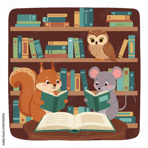 Adorable vector illustration shows a squirrel, owl, and mouse peacefully reading books on shelves in a cozy library corner, with a vibrant open book in the foreground.