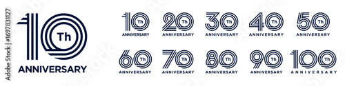 collection anniversary 10 to 100 year logo designs. abstract number for celebration event, wedding, greeting card, and invitation, vector illustration