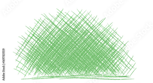 An abstract green sketch of a rounded mound or bush created with a dense cross-hatching technique on a white background.