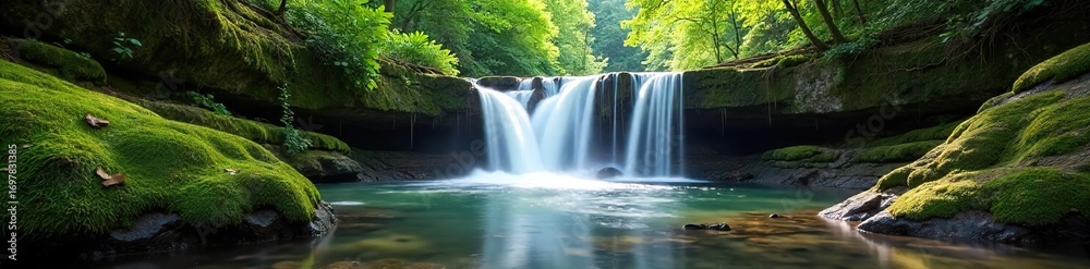Obraz premium Serene waterfall cascading down moss-covered rocks into a tranquil creek below, surrounded by lush greenery and sunlight dappling through the leaves , flowing, cascade, serenity