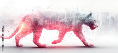 Abstract panther silhouette, city overlay,  vibrant colors