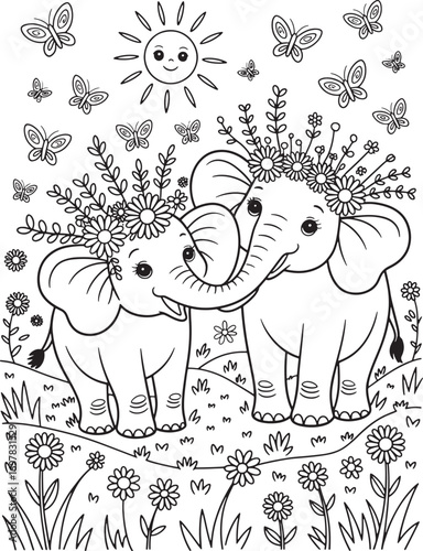 Two cute flowercrowned elephants are caressing each other in a whimsical garden setting, transparent background