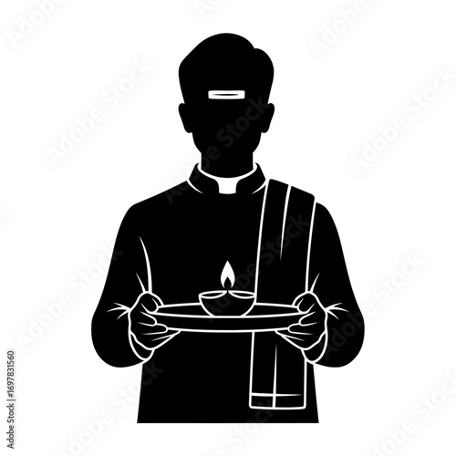 Silhouette of a person holding a plate with a lit lamp, symbolizing a religious ritual.
