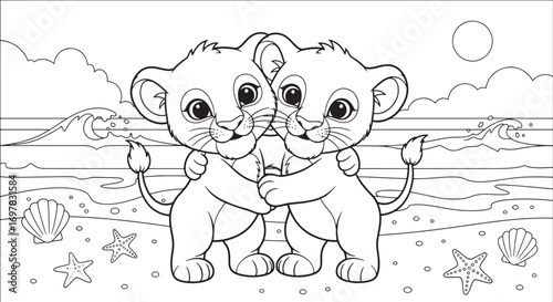 Two cute lion cubs hug each other lovingly on a sandy beach in black and white