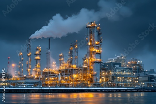 Dusk Panoramic View of a Petrochemical Plant with Illuminated Structures and Emitting Smoke