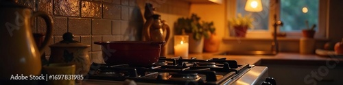 Cozy family stovetop night, warm glow from the oven illuminating the kitchen Perfect for fall or winter, home cooking scene Delicious aroma implied , glow, cozy, culinary