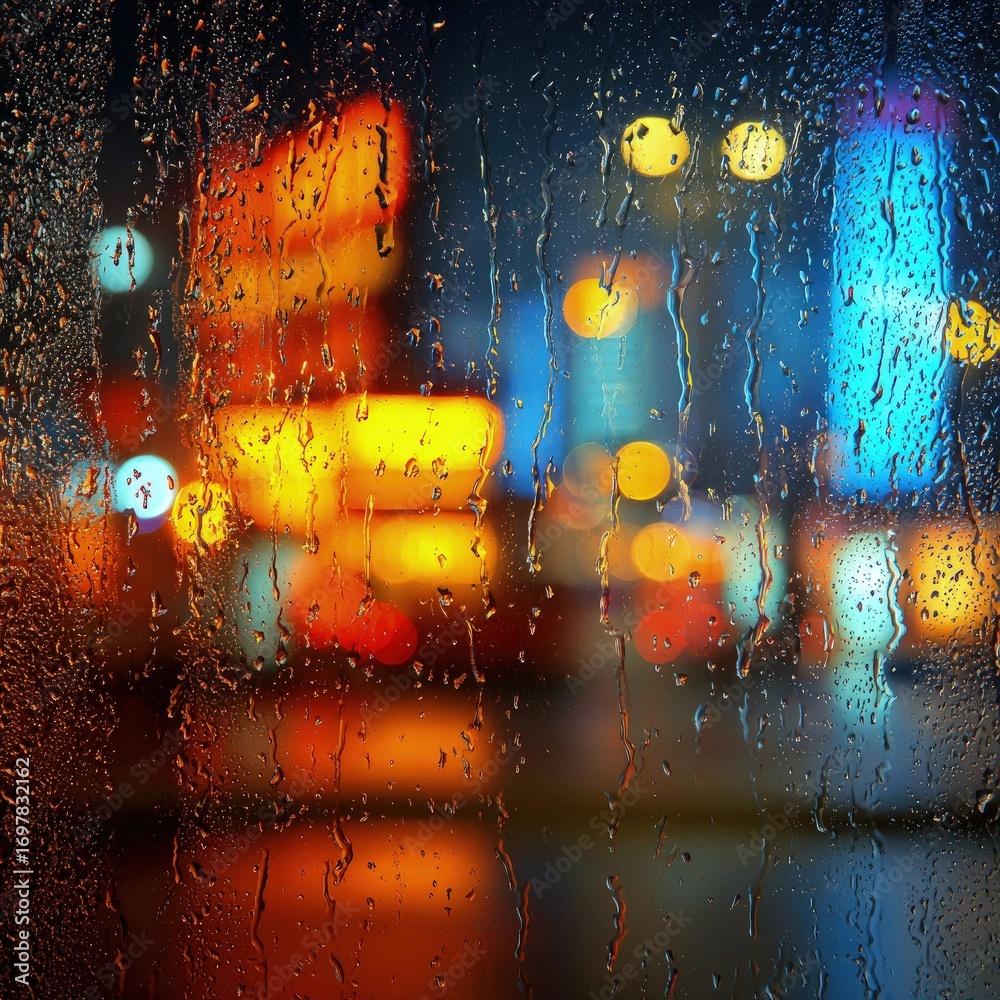 Obraz premium Colorful City Lights Through A Rainy Window