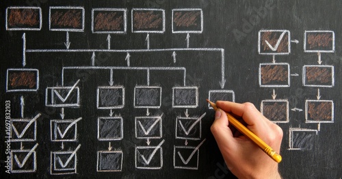 Hand drawing a complex flowchart on a chalkboard