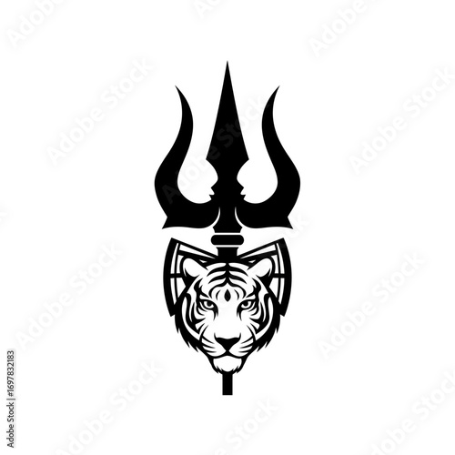 Black and white graphic design of a trident and tiger's head, likely a religious symbol.