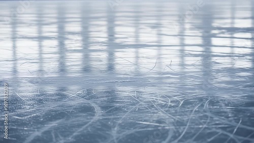 Icy rink surface with skate marks, reflecting overhead grid pattern in cool tones