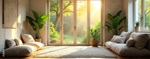 Serene living room, sunlight streaming through window illuminating a meditation space with cushions and plants; peaceful home sanctuary , meditation, comfort zone