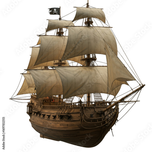 Detailed wooden pirate ship with full sails and jolly roger flag isolated on transparent background